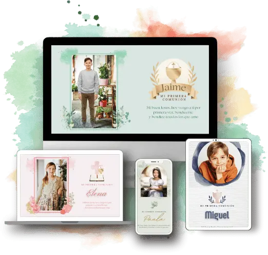 Niño celebrando su comunión con invitación digital